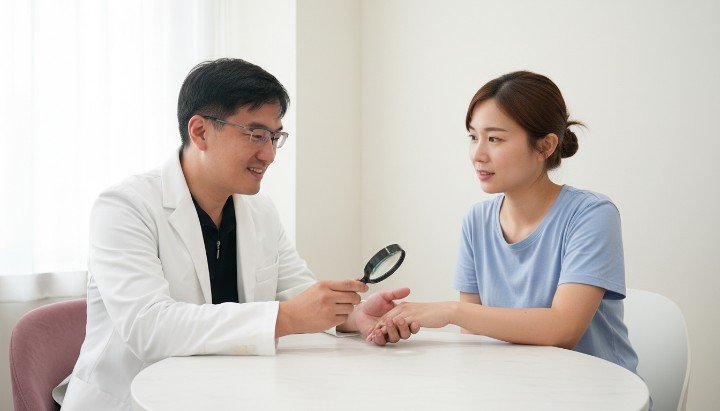 特寫耳朵因接觸性皮膚炎產生的紅腫與脫皮現象 皮膚科醫師診斷接觸性皮膚炎並提供治療建議 接觸性皮膚炎患者應選擇醫療鋼材質降低過敏