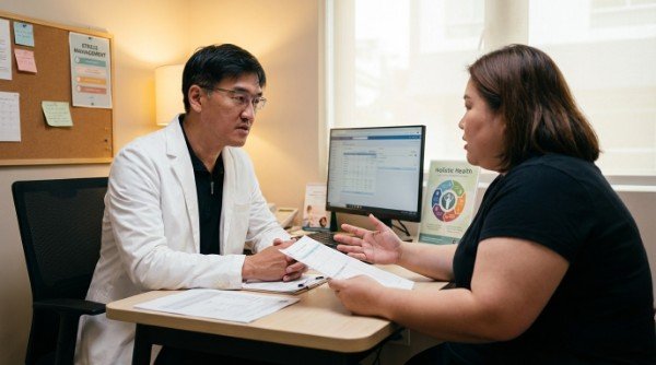 溫馨門診室內吳醫師解析情緒型肥胖 雙手捧著溫熱茶杯緩解情緒型肥胖焦慮 記錄心情日記與應對情緒型肥胖的過程 象徵身心平衡的自然景觀與情緒型肥胖