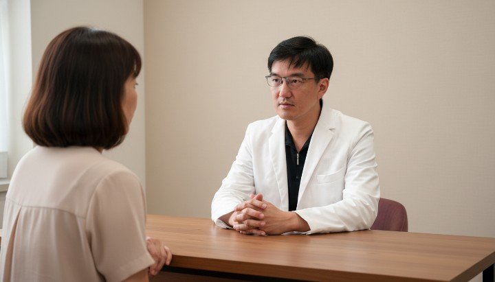 醫師正在向患者說明心理諮商對改善失眠的好處 透過心理諮商進行認知行為治療來調節自律神經 安全放鬆的診間環境適合進行專業心理諮商與對話