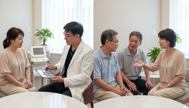 專業醫師正在分析受檢者的抗老基因檢測報告 透過抗老基因檢測了解皮膚膠原蛋白流失風險 展示如何利用抗老基因檢測數據制定美容計畫