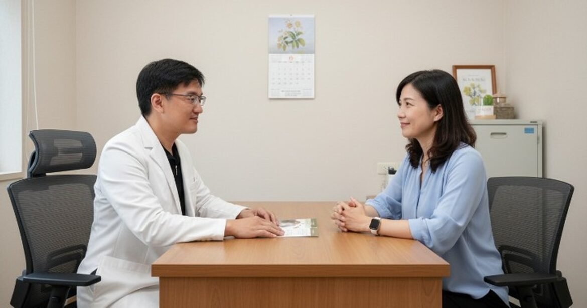 吳芮醫師講解餐前喝湯的科學原理，光線柔和，醫師專注的表情。