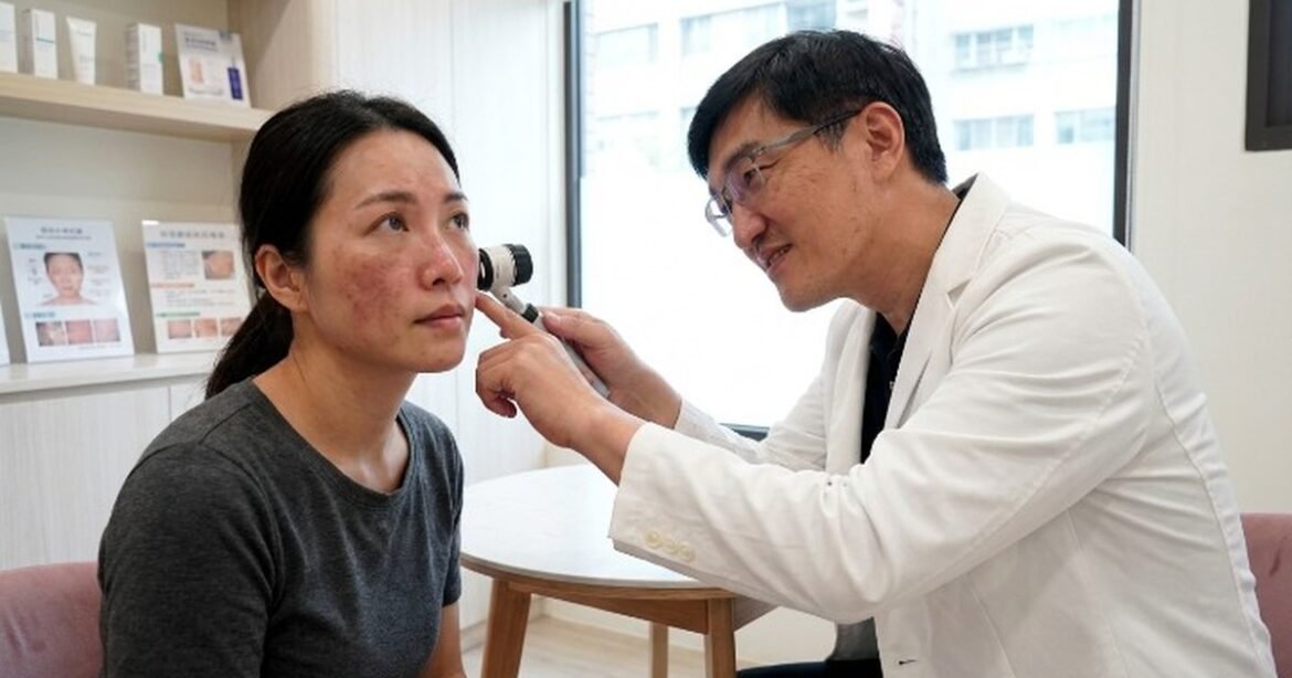 藍雷射治療油性肌膚的技術解析，展示專業醫師操作過程中的光線效果。